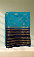 Teal Blue Mysore Silk Saree with Navy & Gold Zari Border