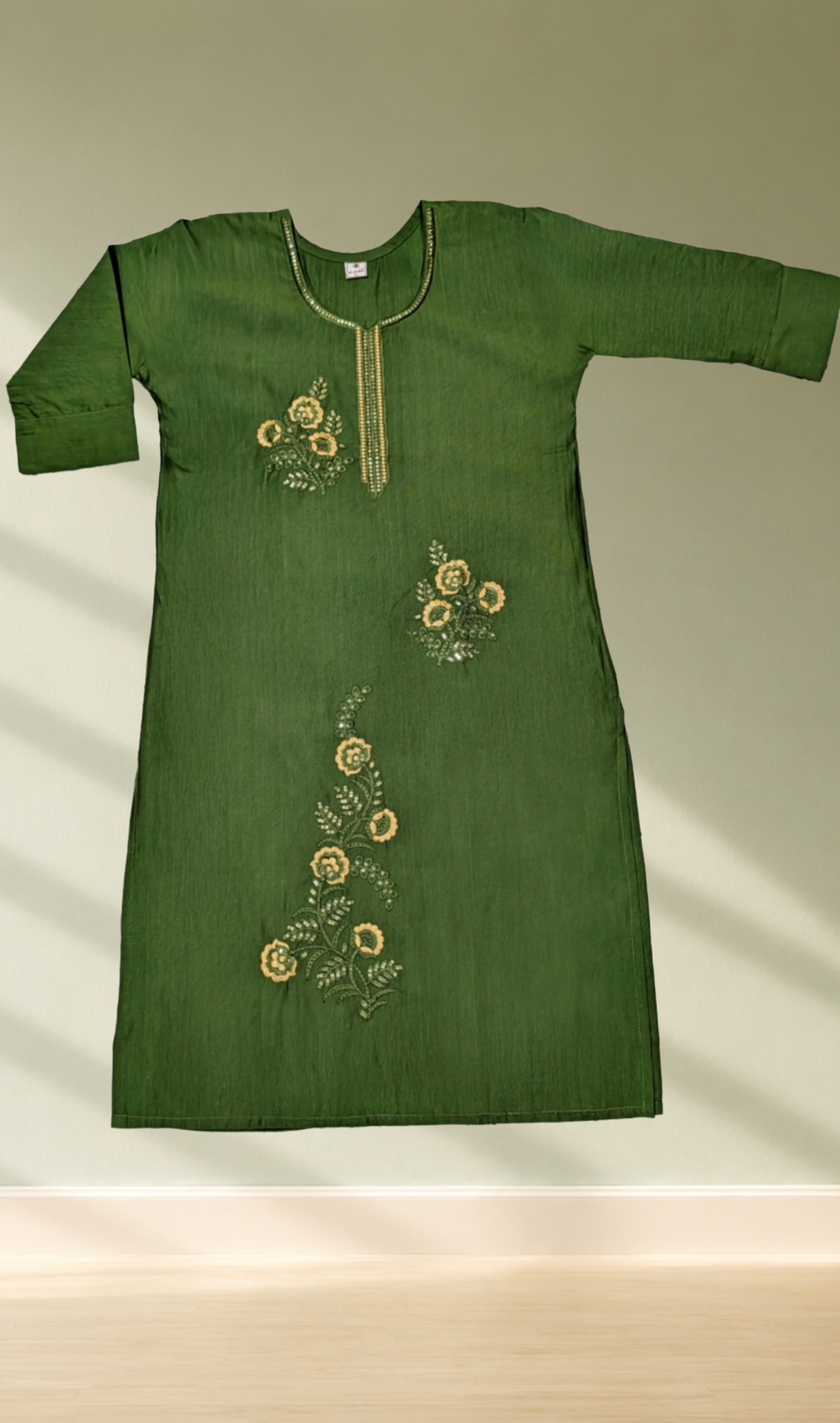 Olive Green Floral Embroidery Kurti