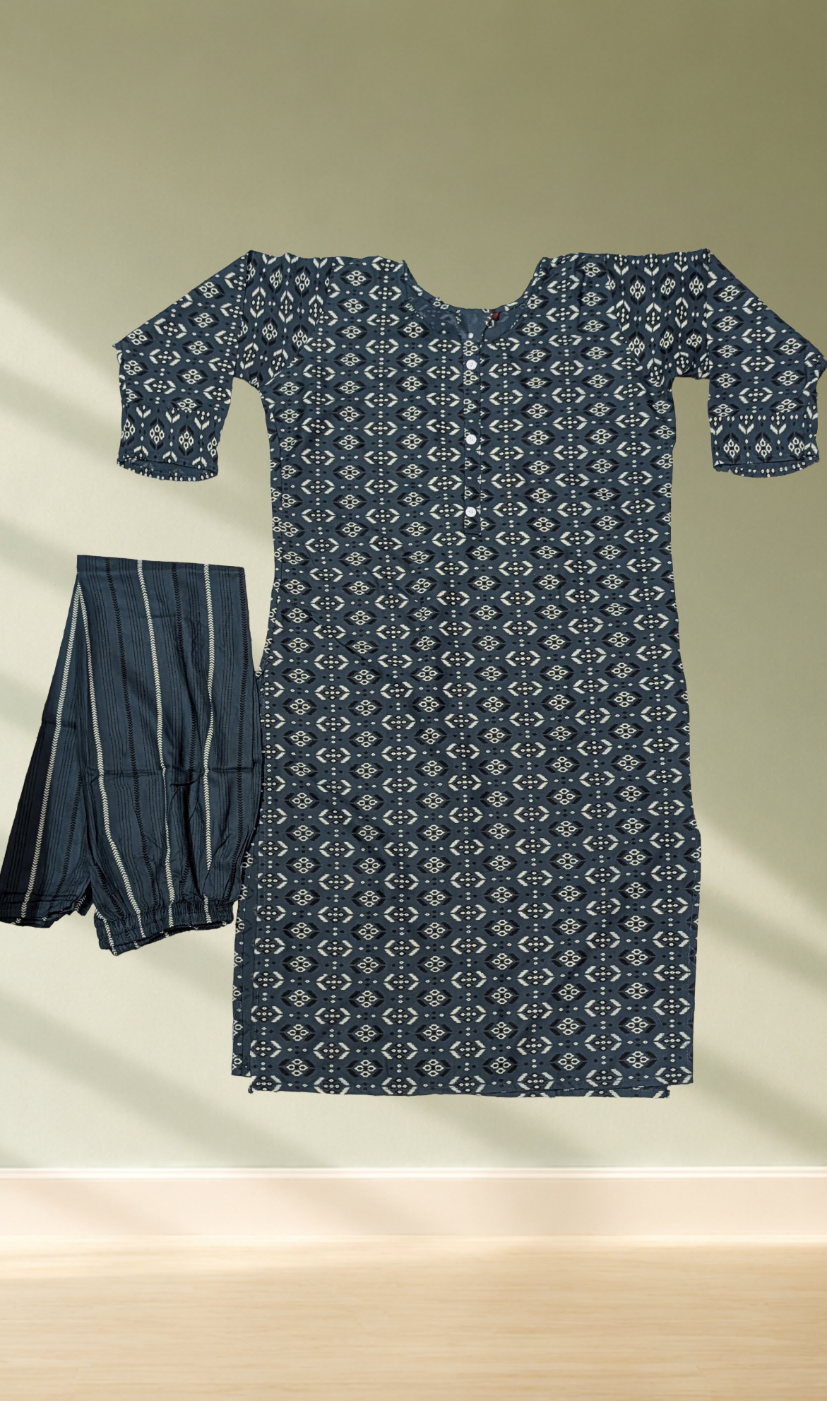 Charcoal Grey Ikat Print Kurti with Pants Set
