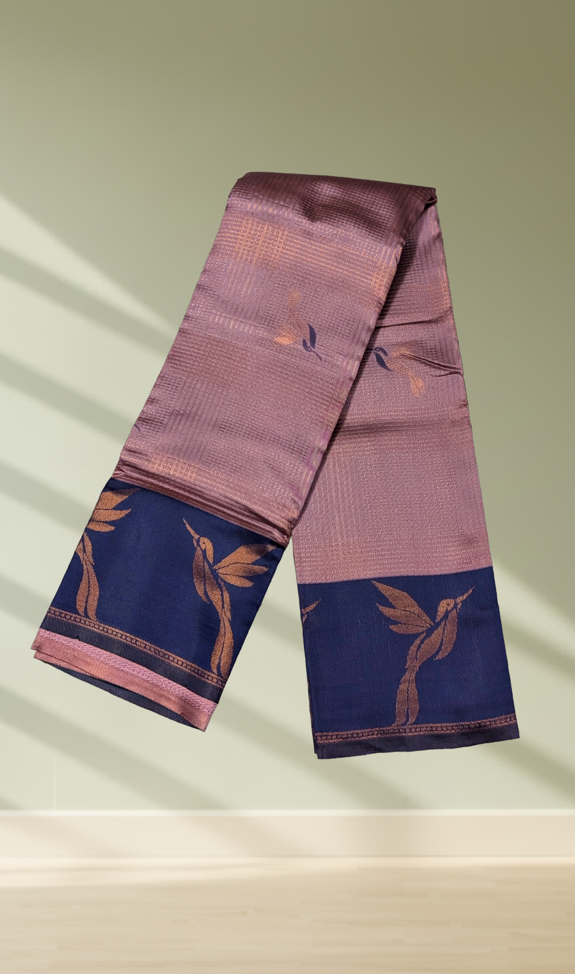 Dusty pink and navy blue bird motif silk saree