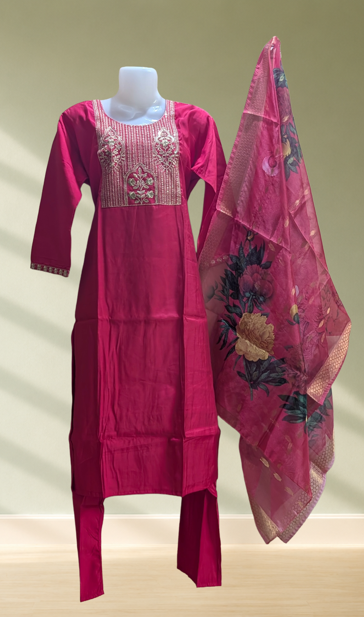Rani Pink Embroidered Silk Kurta Set with Churidar & Printed Dupatta