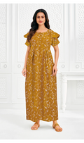 Mustard Floral Print cotton nighty with Flutter Sleeves