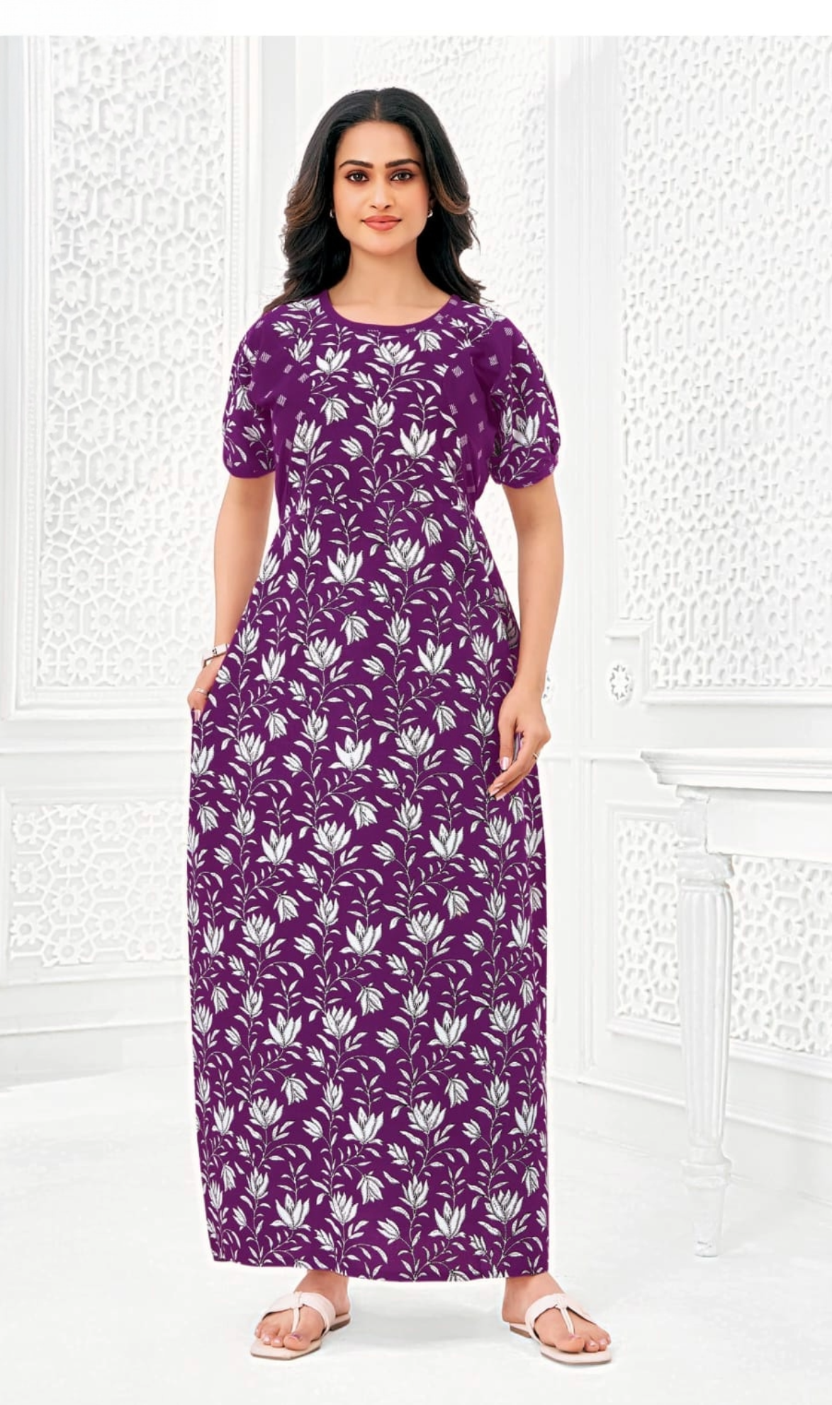 Dark Purple with white floral cotton nighty