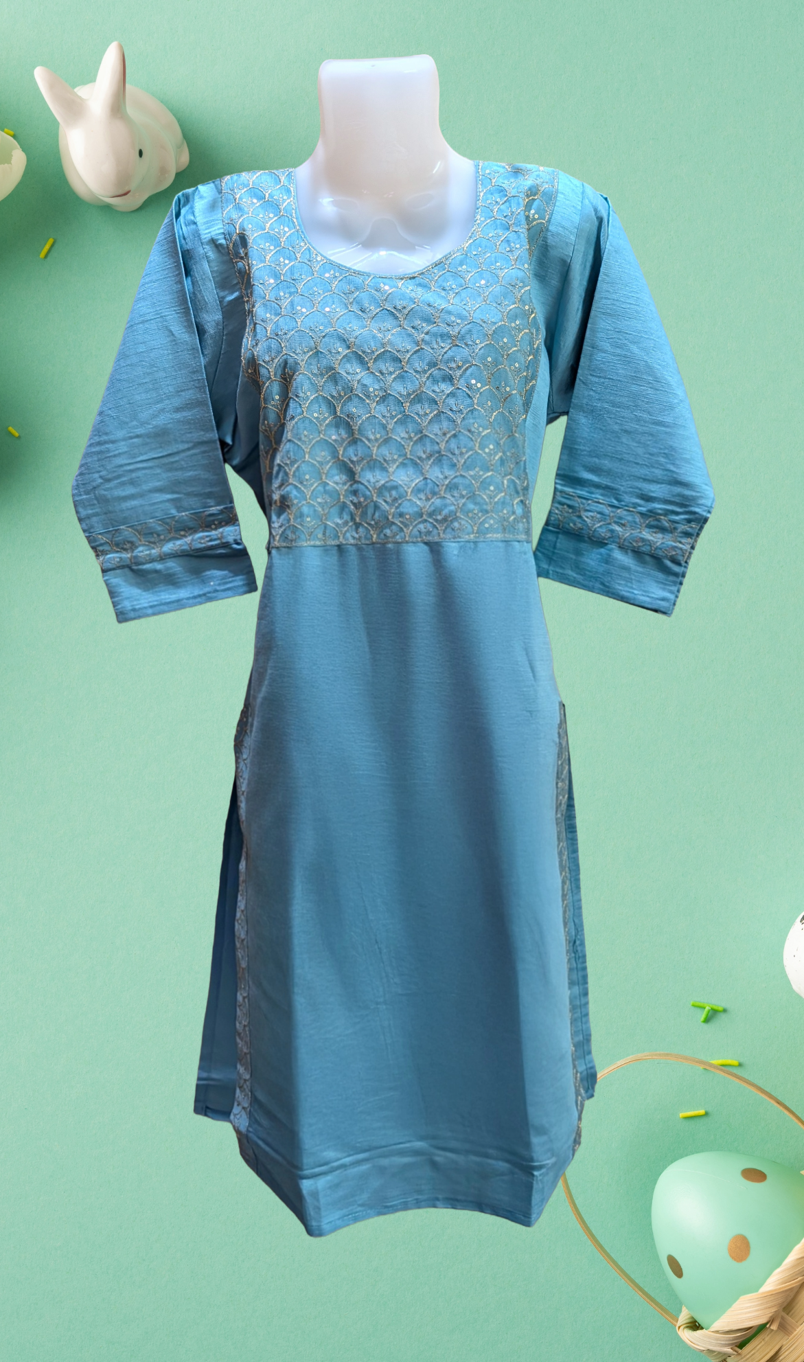 Teal Blue Embroidered Yoke Kurti