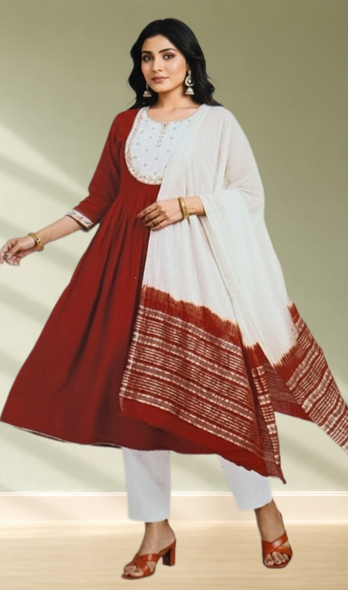 Red and White Embroidered Anarkali 3-Piece Salwar Set - Front View