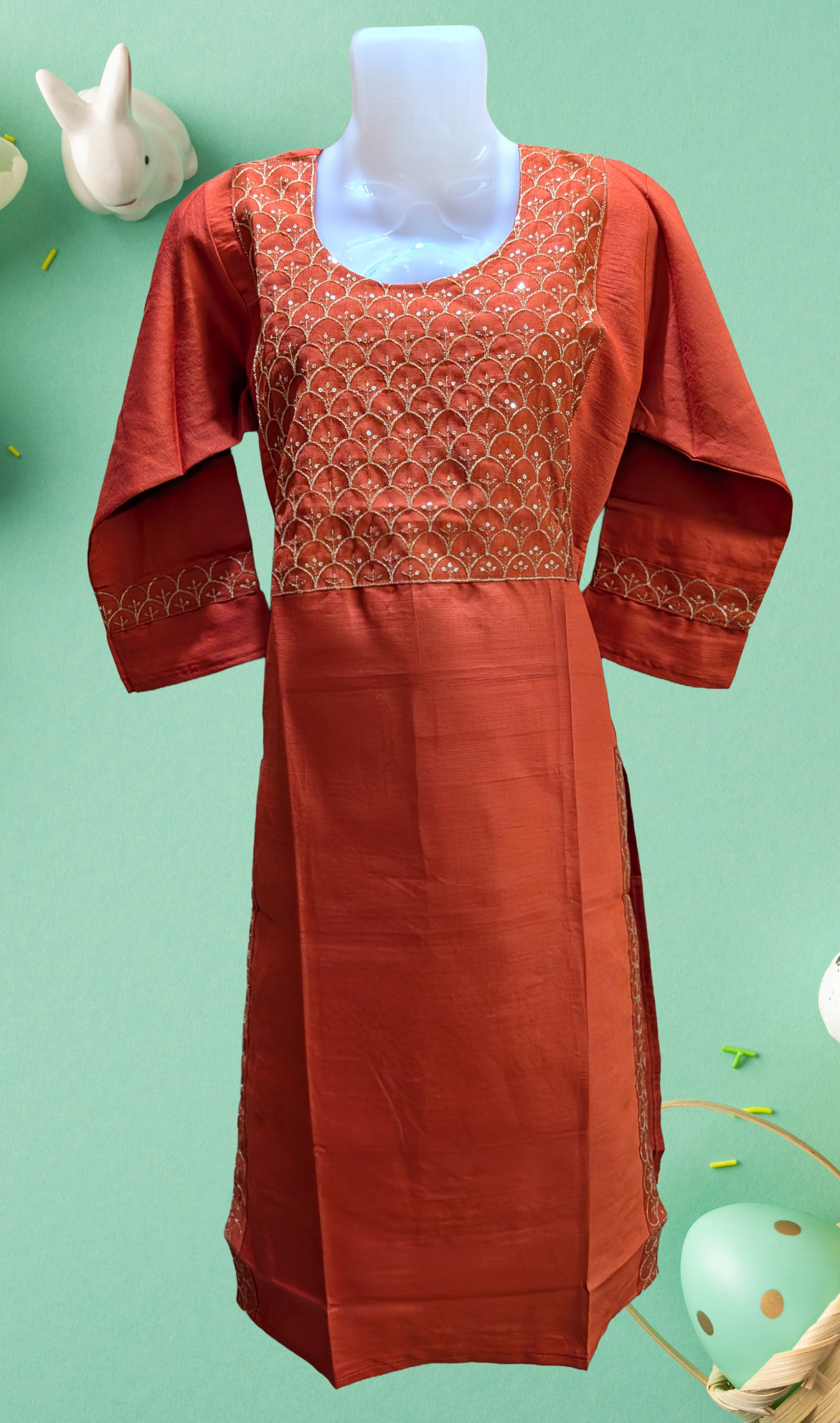 Rust Embroidered Yoke Kurti