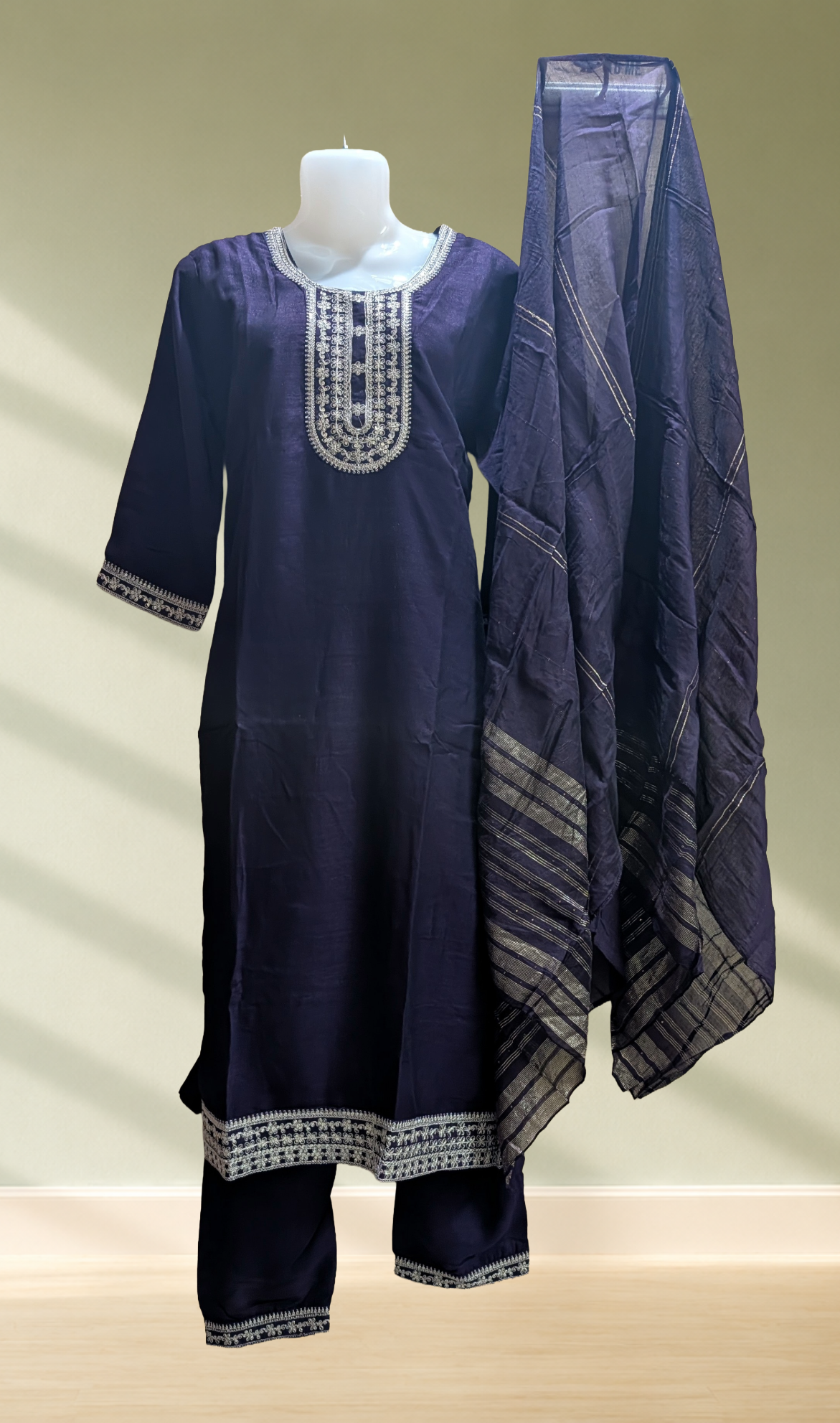 Navy Blue Embroidered Silk Kurta Set with Pants & Dupatta