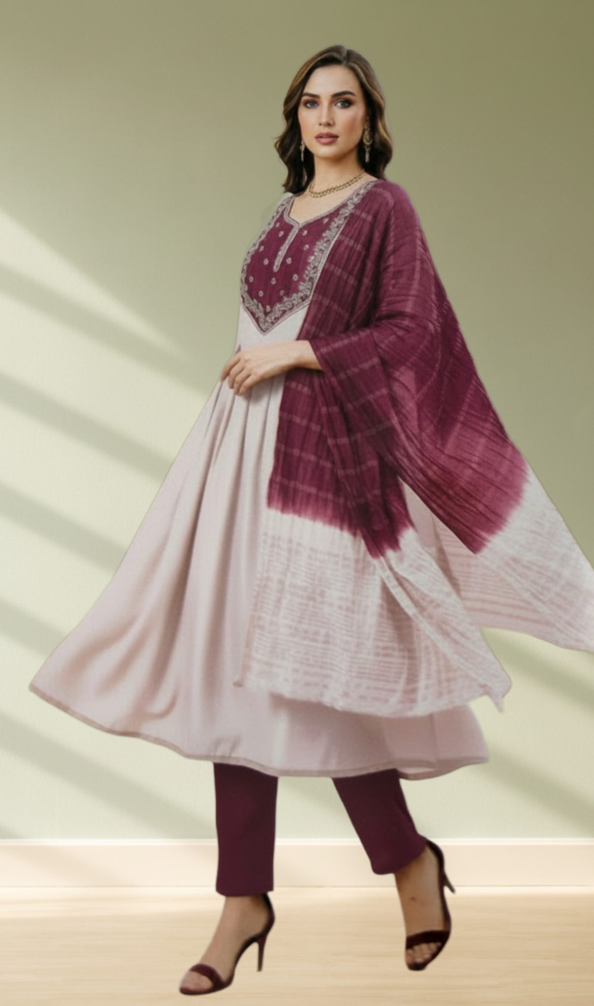 Mauve and Wine Embroidered Anarkali 3-Piece Salwar Set - Front View