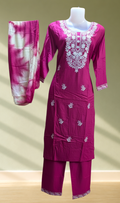 Magenta Chikankari Embroidered Kurti with Palazzo & Dupatta Set