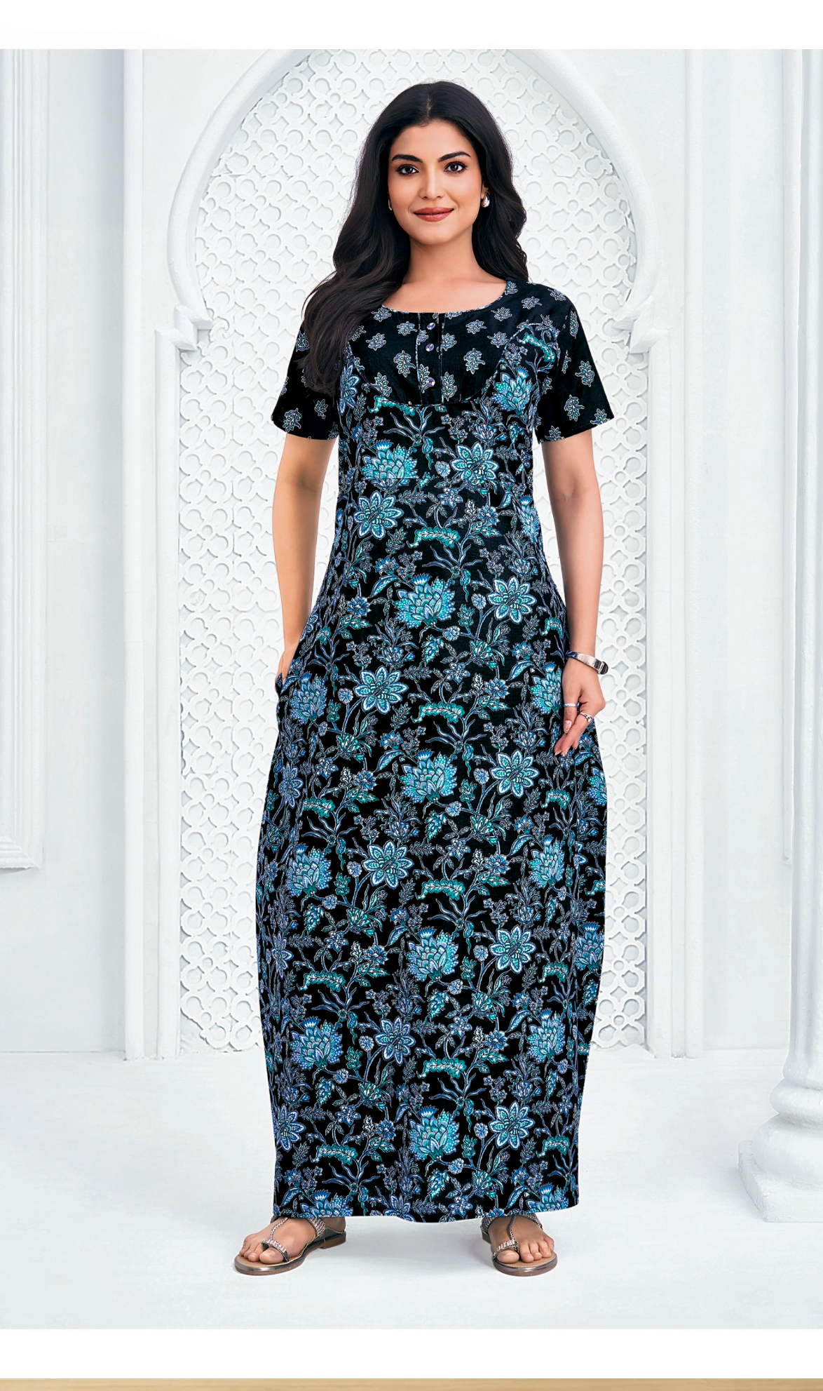 Black with blue floral cotton nighty