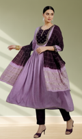 Purple Ombre Embroidered Anarkali 3-Piece Salwar Set - Front View