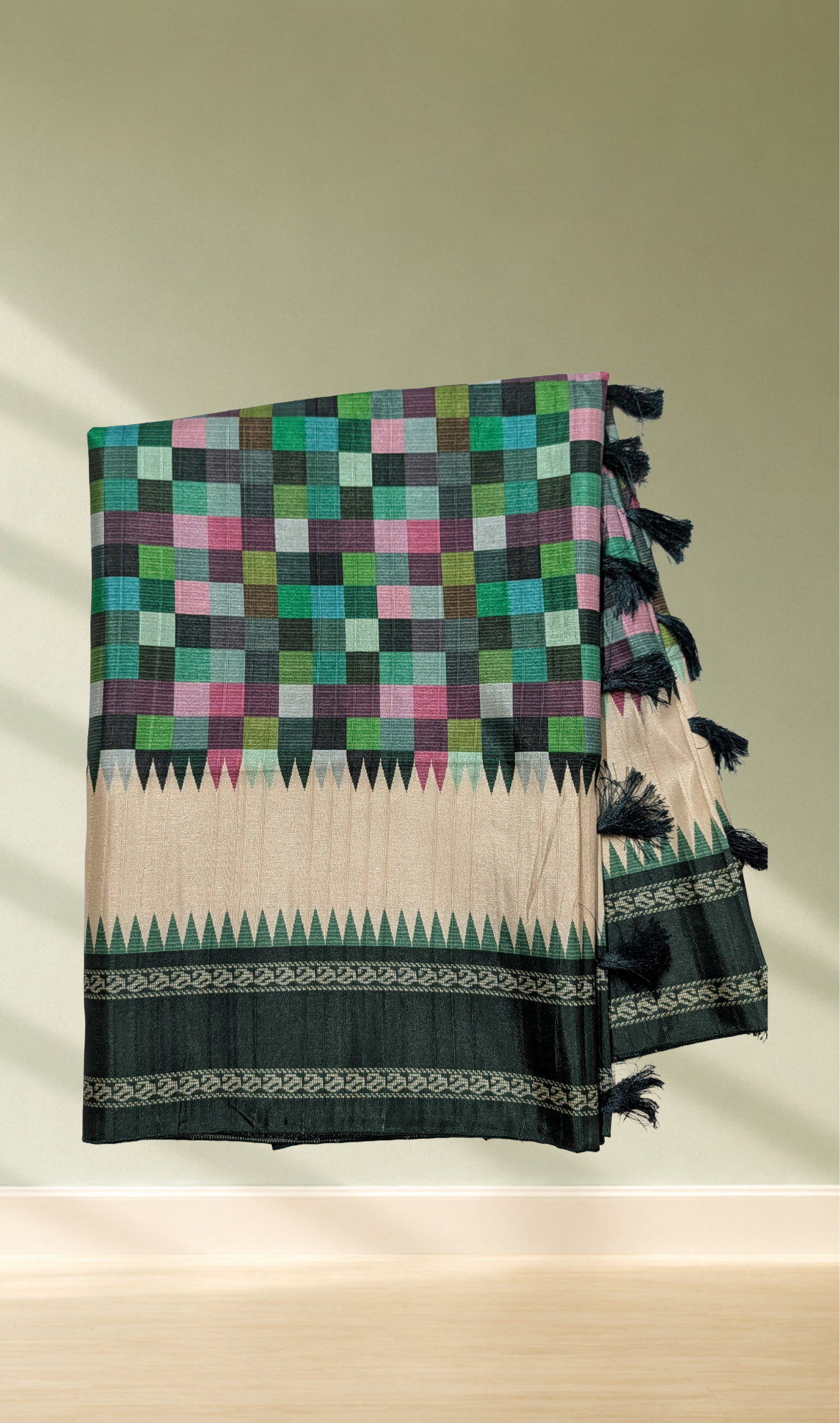 Cream & Dark Green Saree with Multicolour Checks & Temple Border