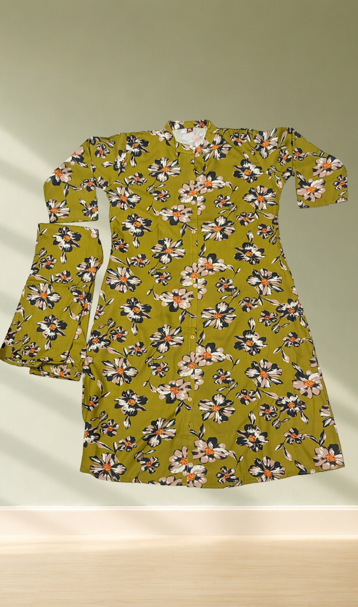 Olive Green Floral Print Kurti with Pants Set