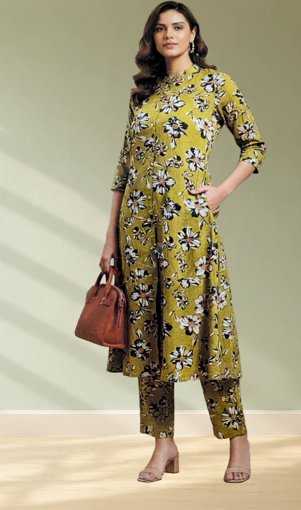 Olive Green Floral Print Kurti with Pants Set