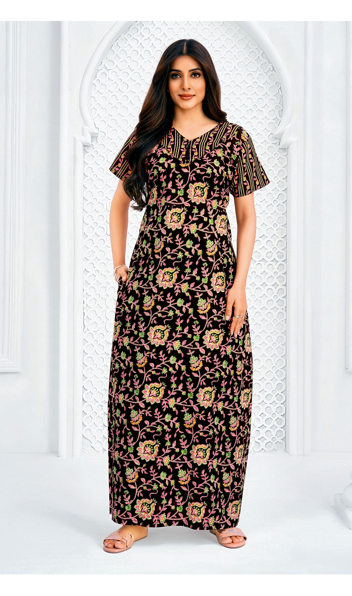 Black with sandal floral cotton nighty