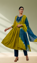Olive Green and Teal Embroidered Anarkali 3-Piece Salwar Set - Front View