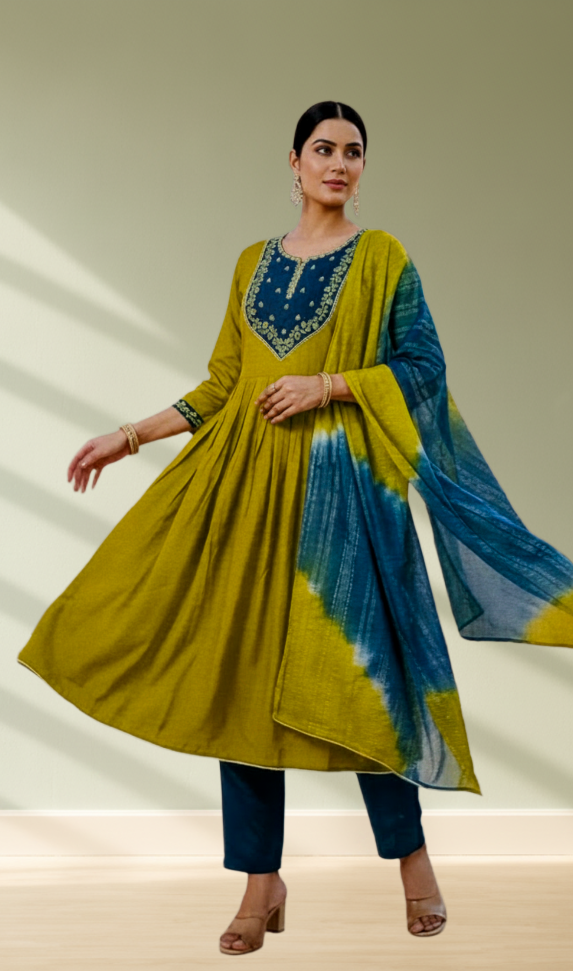Olive Green and Teal Embroidered Anarkali 3-Piece Salwar Set - Front View
