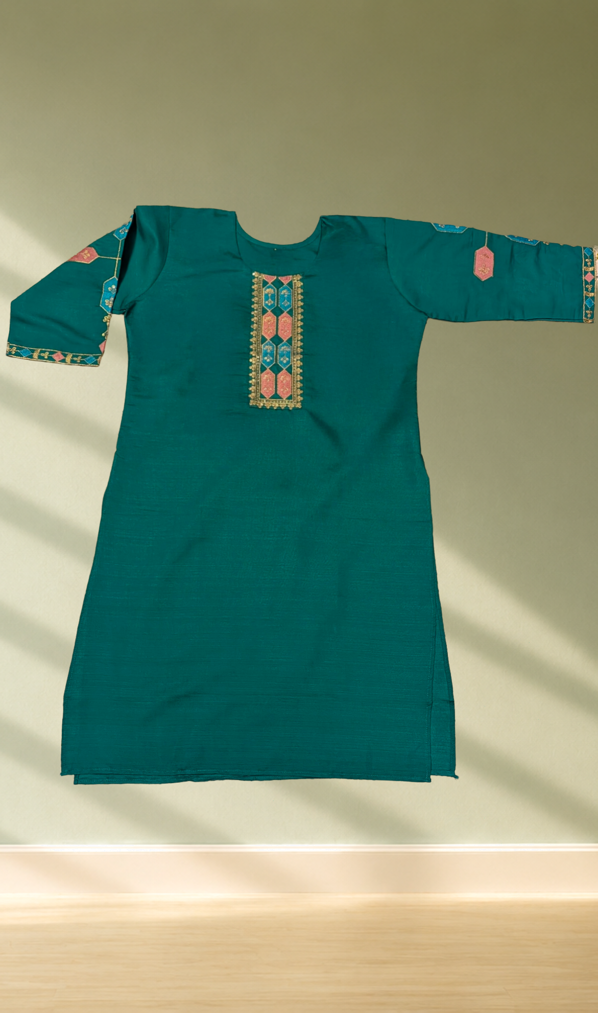 Teal Green Geometric Embroidery Kurti