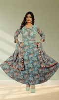Sky Blue Floral Print Anarkali Gown with Dupatta