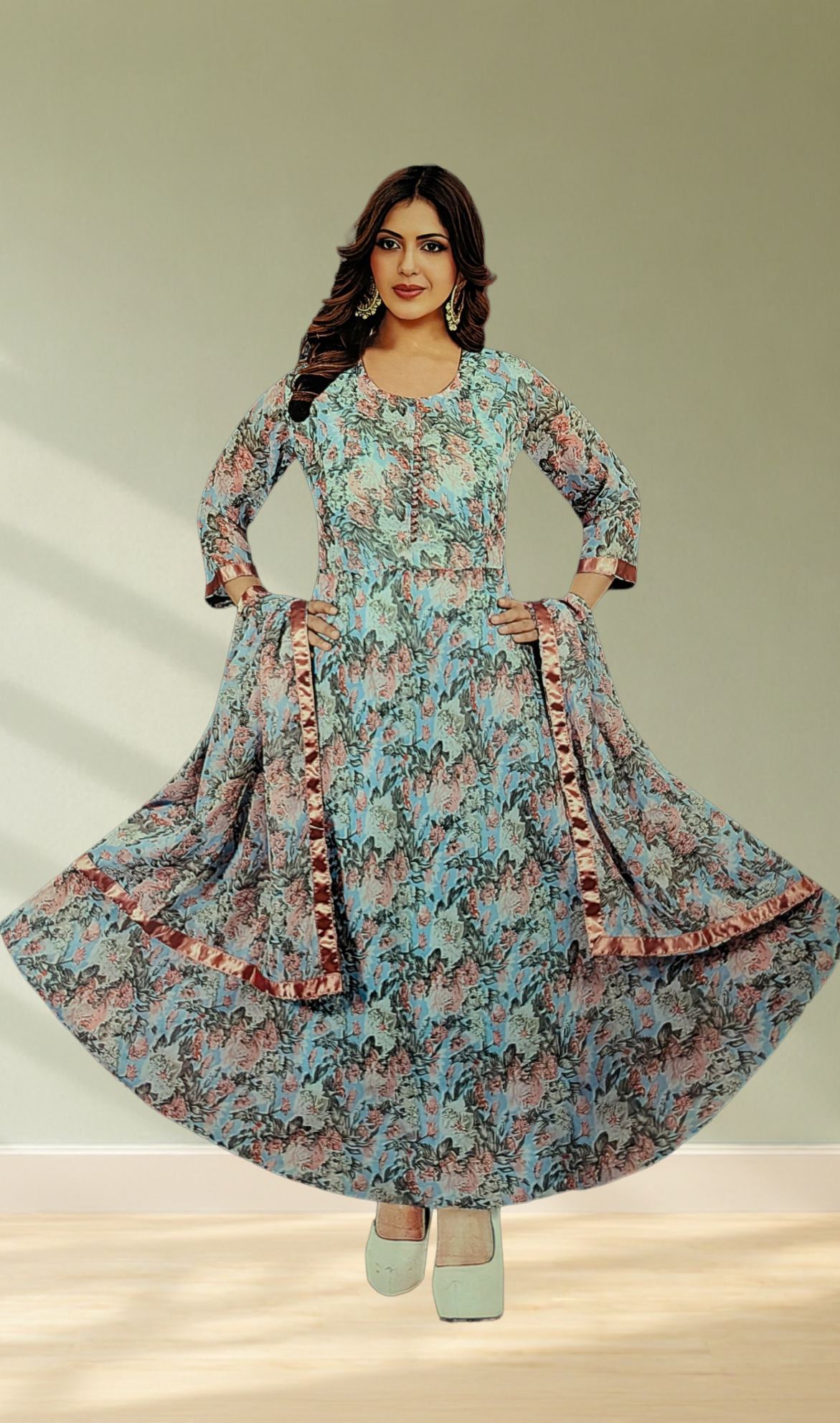 Sky Blue Floral Print Anarkali Gown with Dupatta