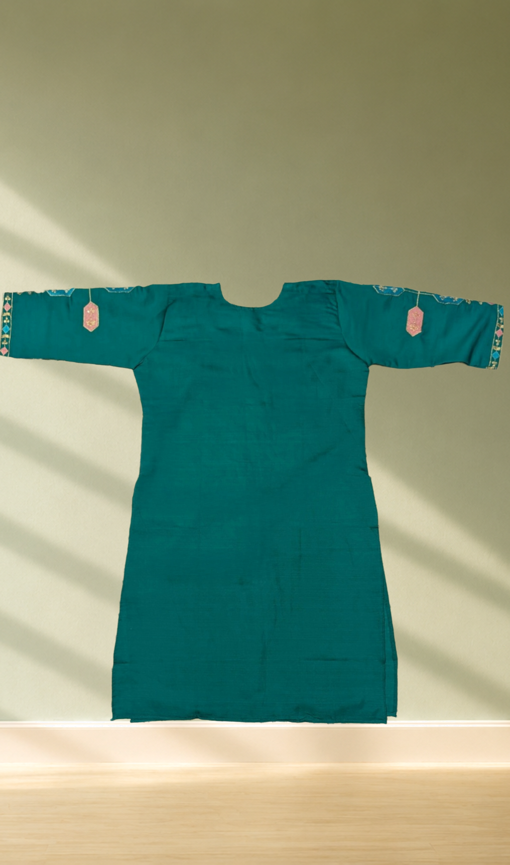 Teal Green Geometric Embroidery Kurti