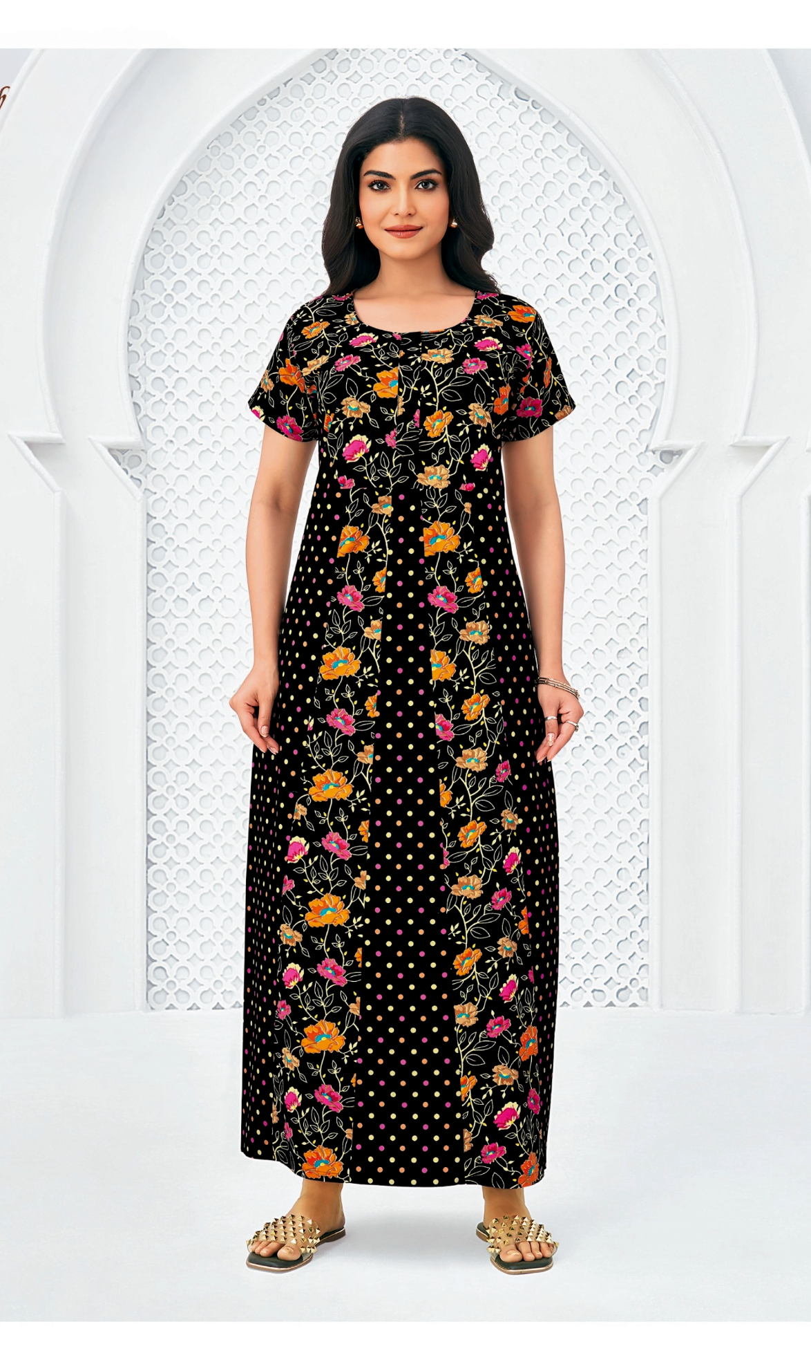 Black floral printed cotton nighty