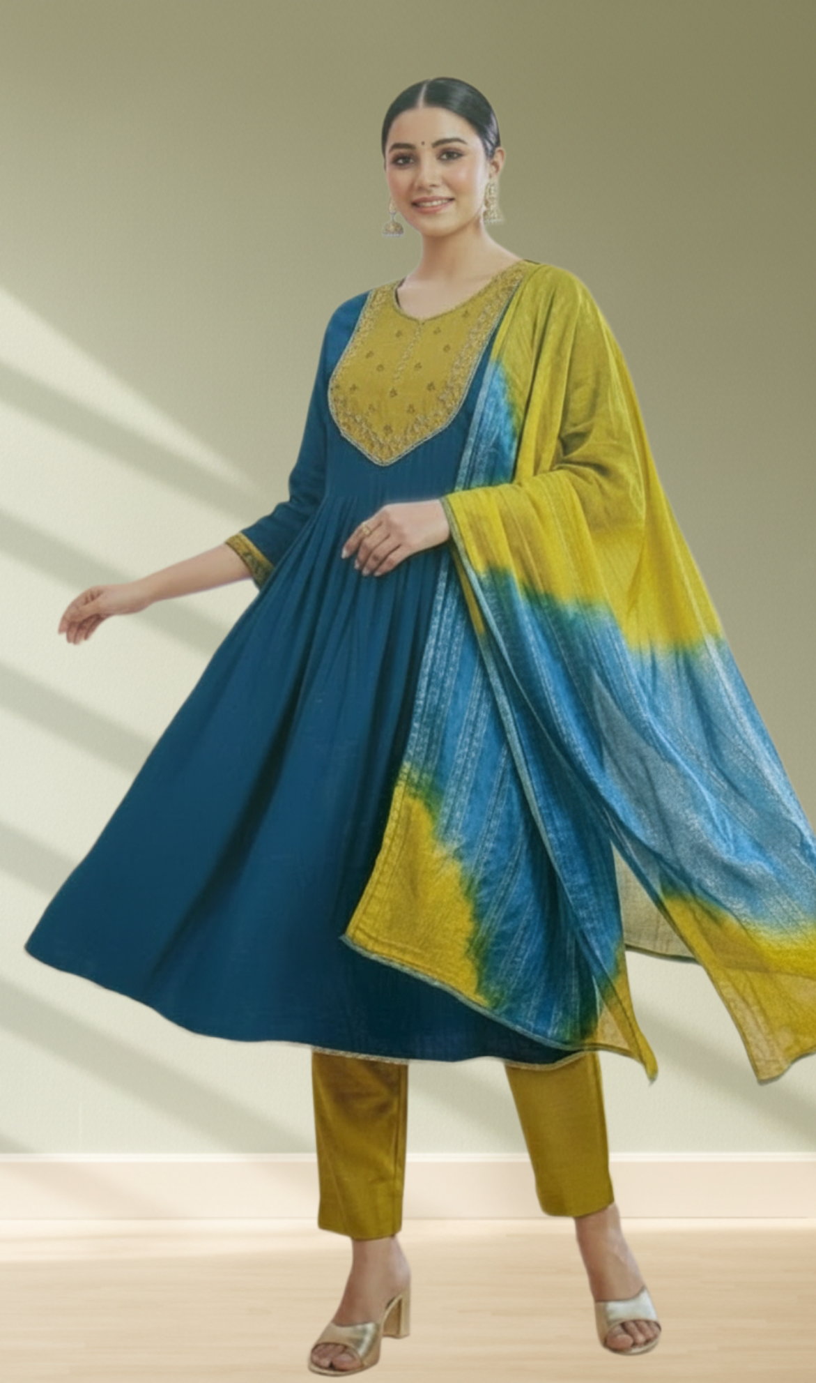 Teal and Mustard Embroidered Anarkali 3-Piece Salwar Set - Front View