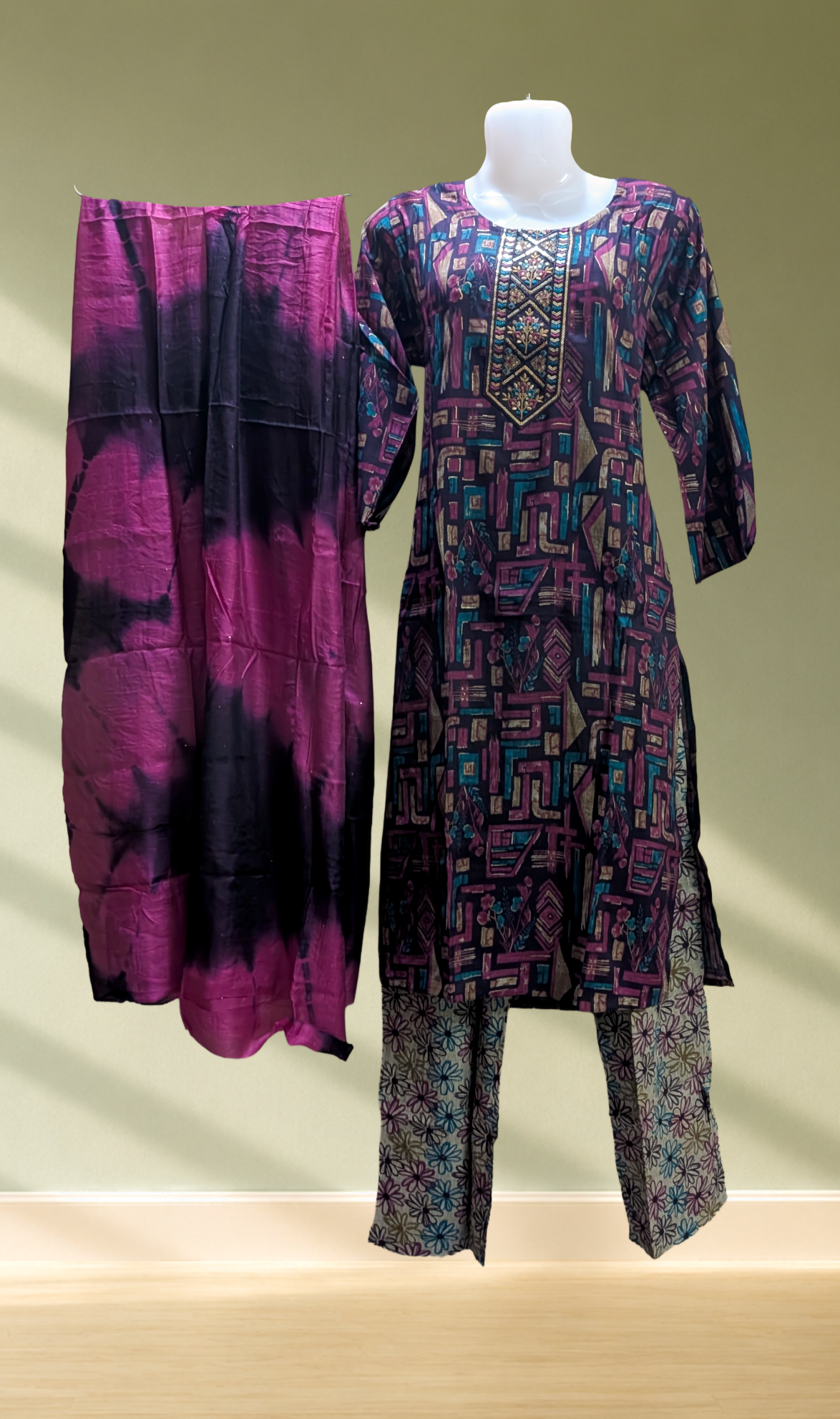 Multicolour Abstract Print Embroidered Kurti with Palazzo & Tie-Dye Dupatta Set
