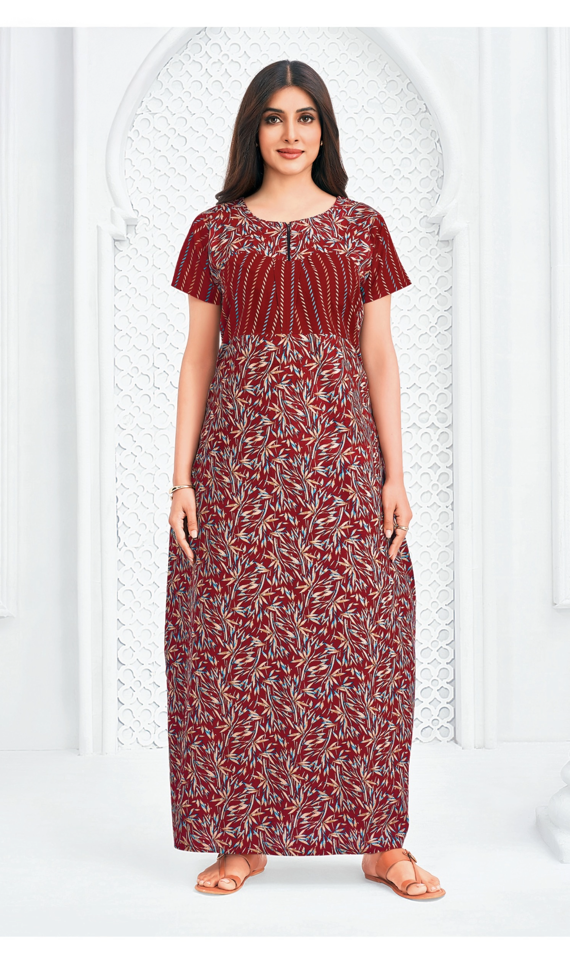 Maroon floral cotton nighty