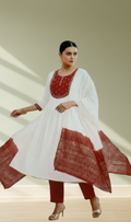 White and Red Embroidered Anarkali 3-Piece Salwar Set - Front View