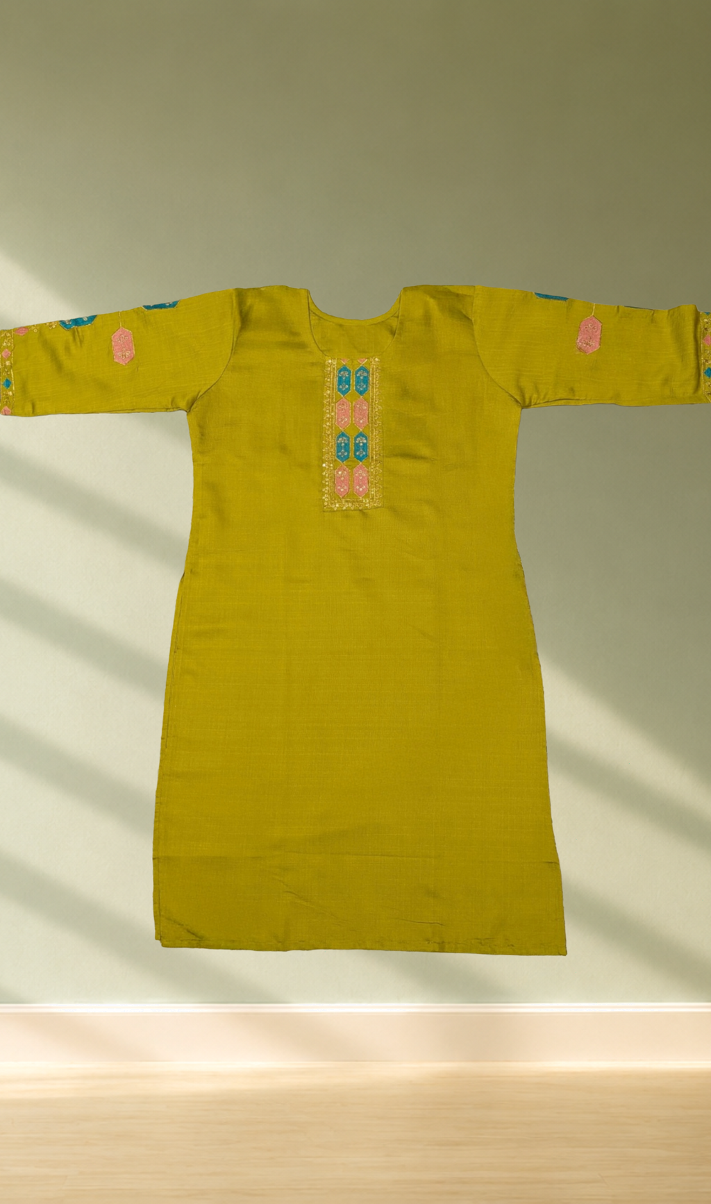 Mustard Yellow Geometric Embroidery Kurti