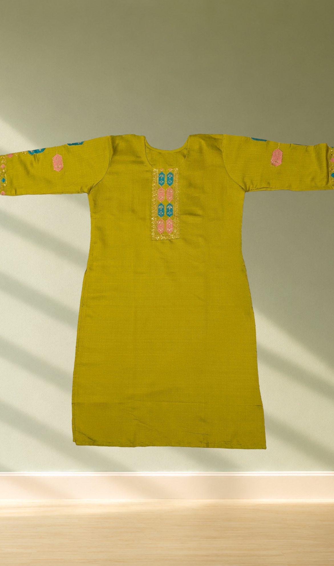 Mustard Yellow Geometric Embroidery Kurti
