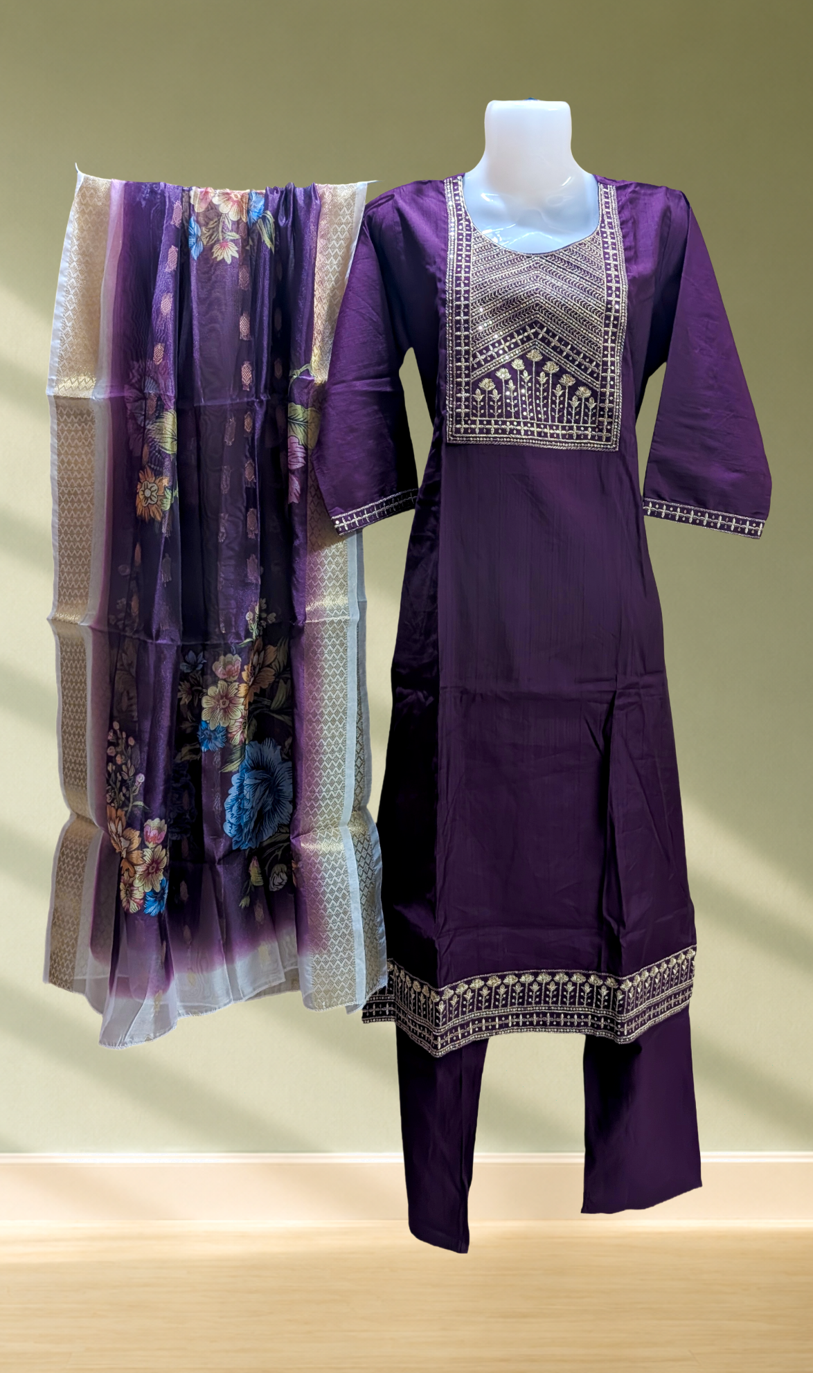 Royal Purple Geometric Embroidered Kurti with Palazzo & Floral Dupatta Set
