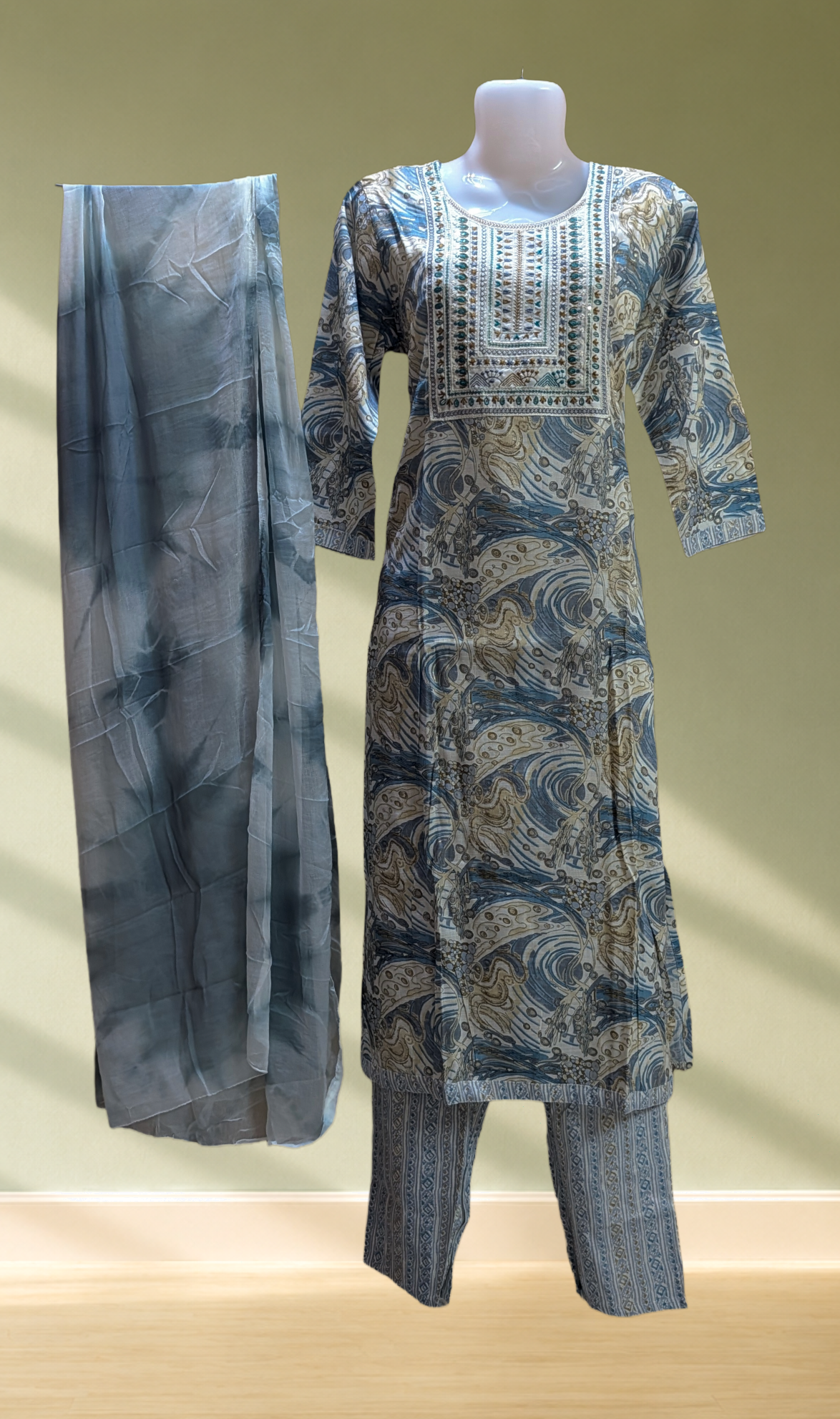 Steel Blue Marble Print Embroidered Kurti with Palazzo & Dupatta Set