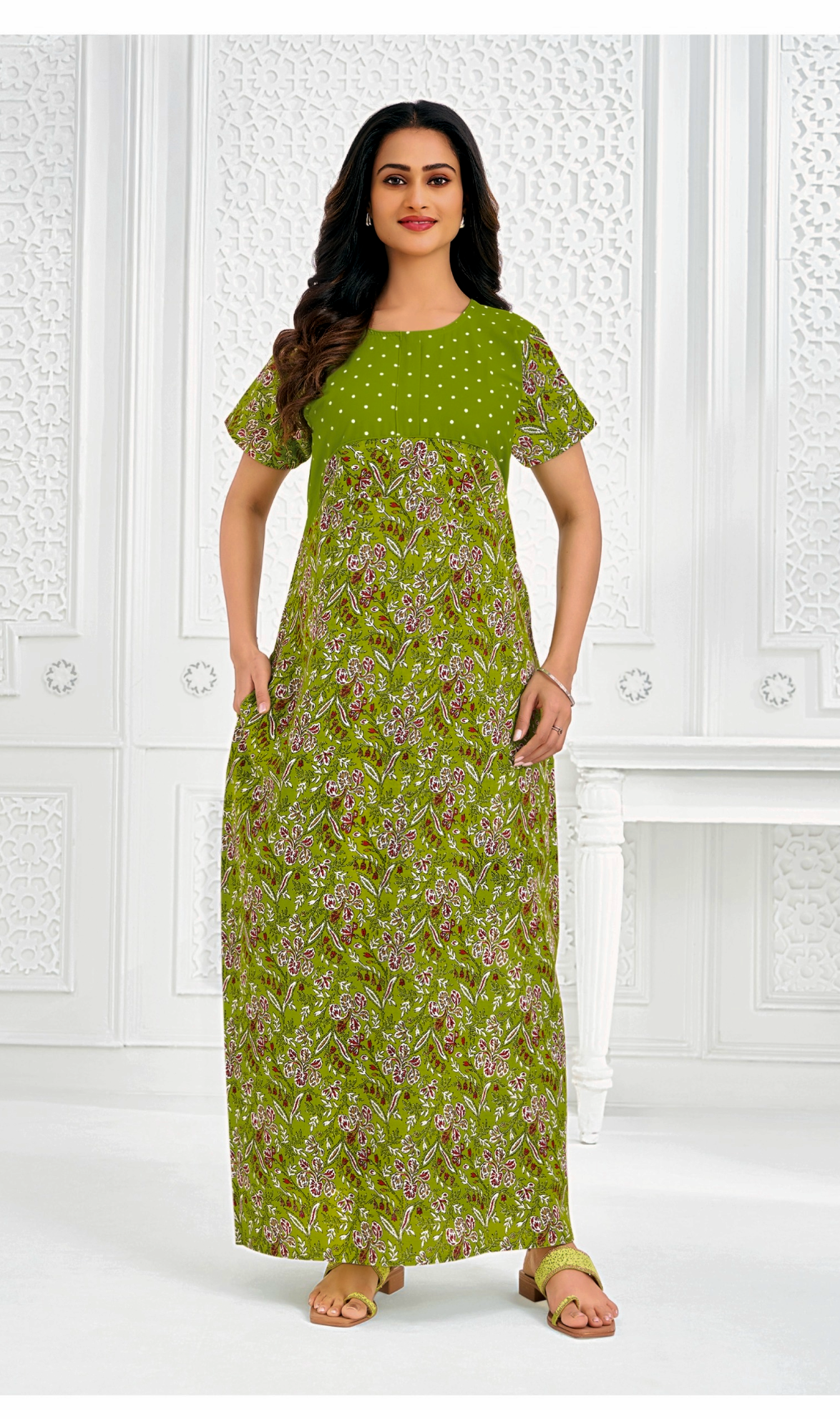 Parrot green with cherry printed cotton nighty
