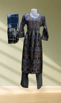 Navy Blue Patchwork Print Anarkali Kurti with Palazzo & Dupatta Set