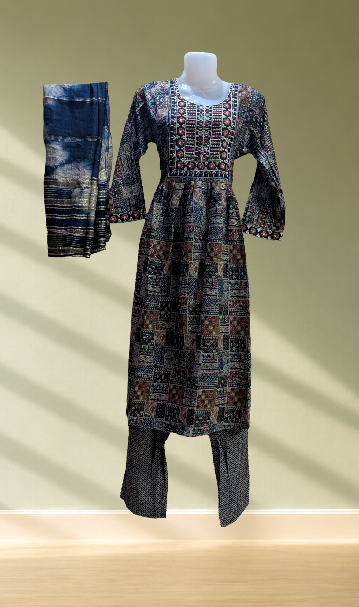 Navy Blue Patchwork Print Anarkali Kurti with Palazzo & Dupatta Set