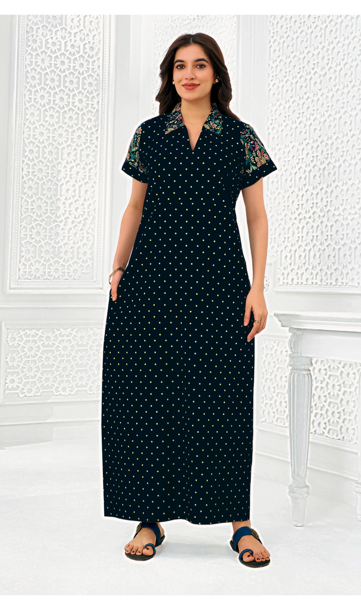Navy blue cotton nighty with collar neck