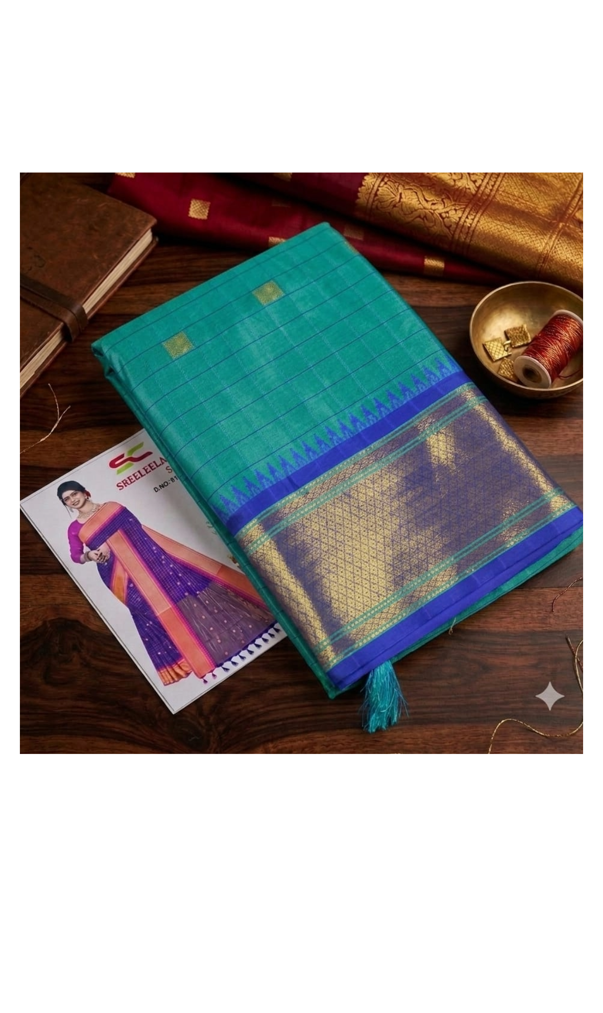 Teal & Blue Semi Silk Saree with Golden Zari Border