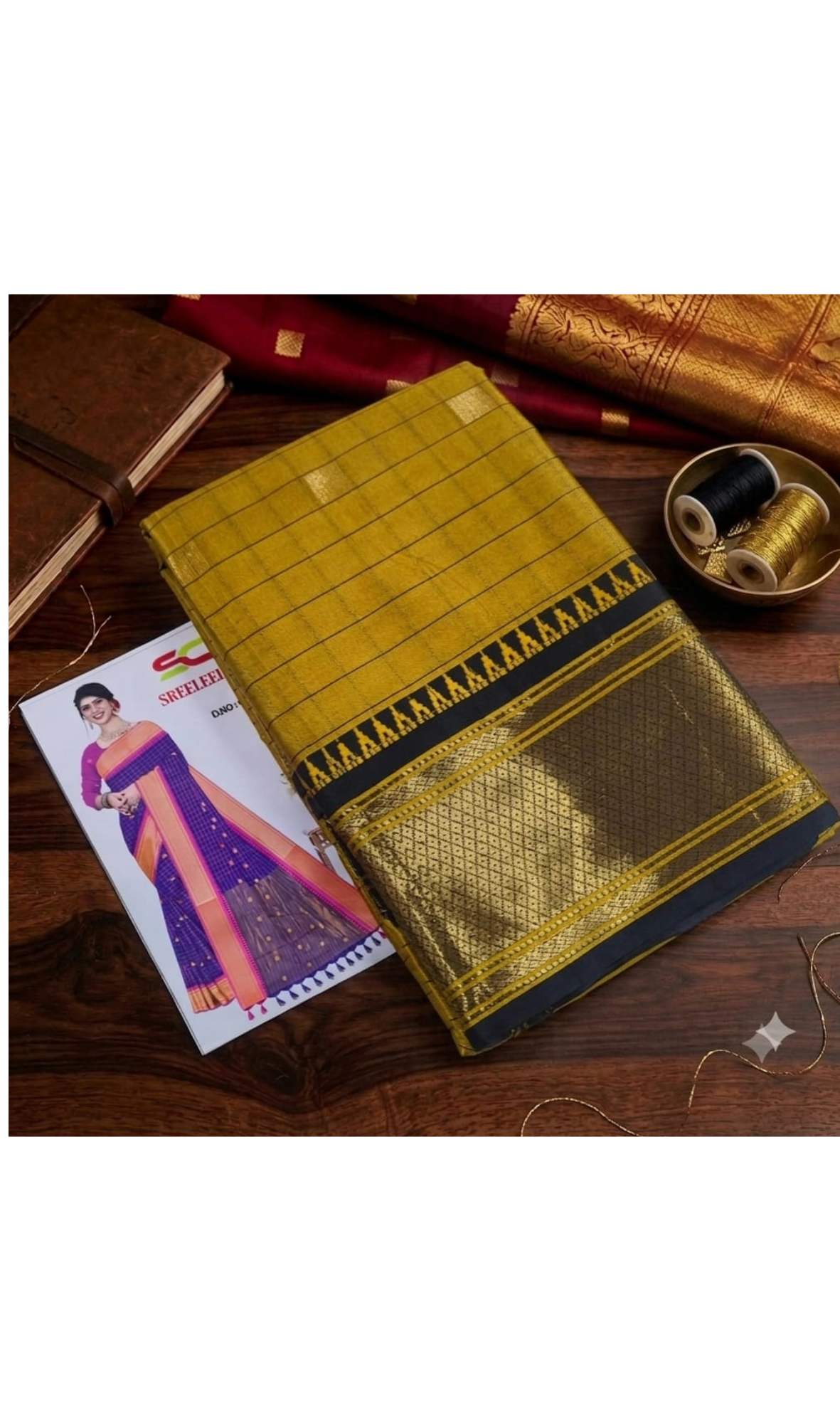 Mustard & Black Semi Silk Saree with Golden Zari Border