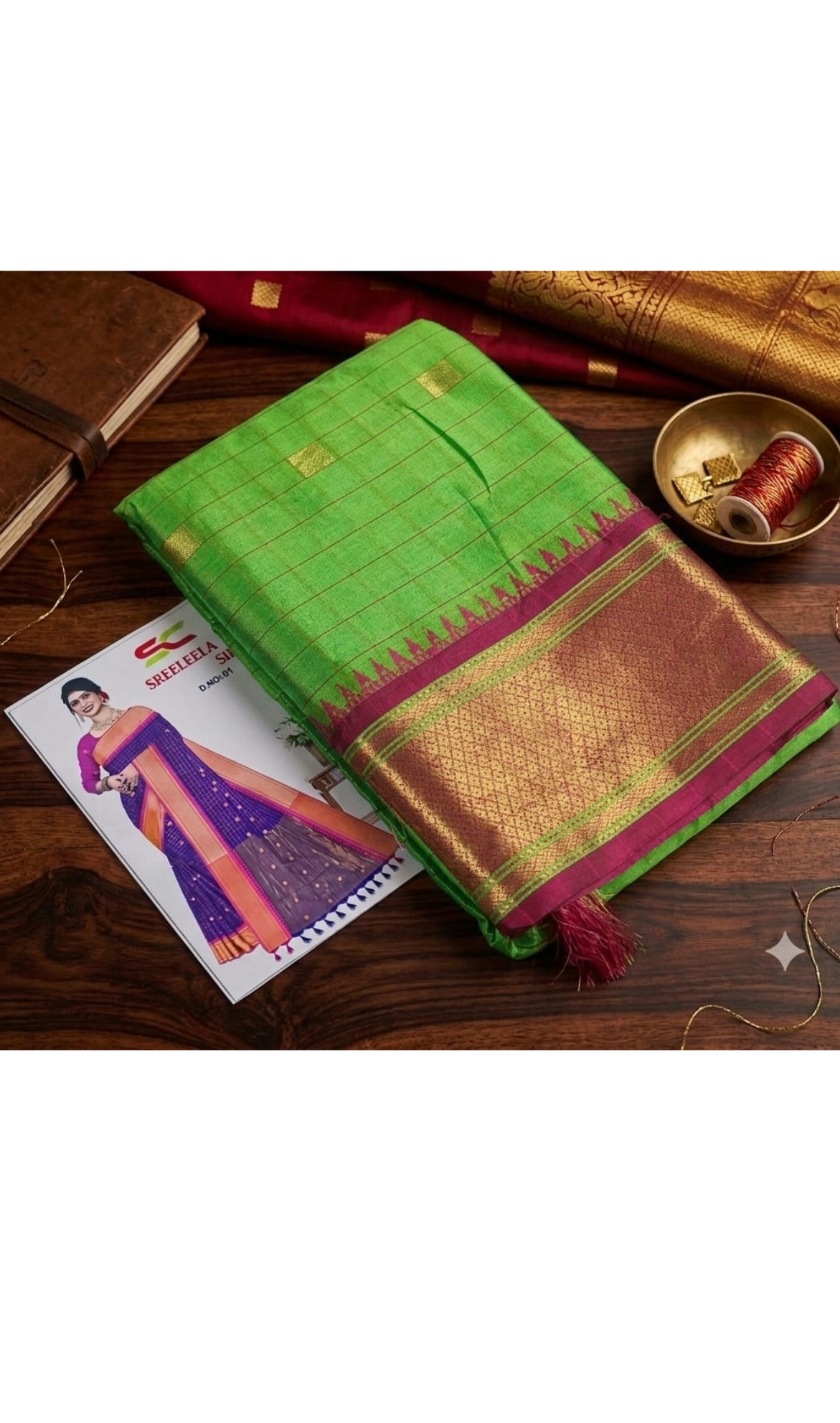Parrot Green & Magenta Semi Silk Saree with Golden Zari Border
