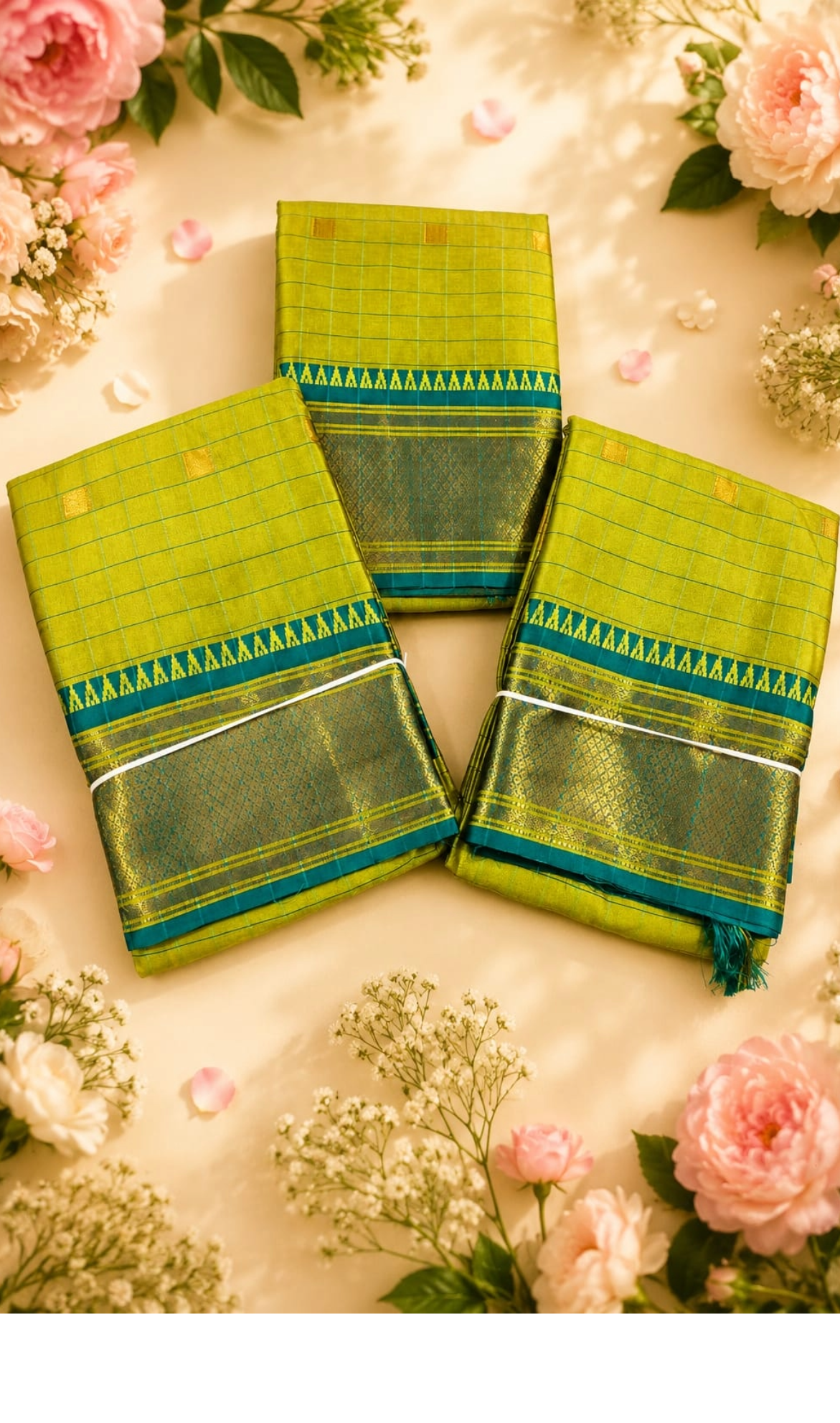 Lime Green & Teal Semi Silk Saree with Golden Zari Border