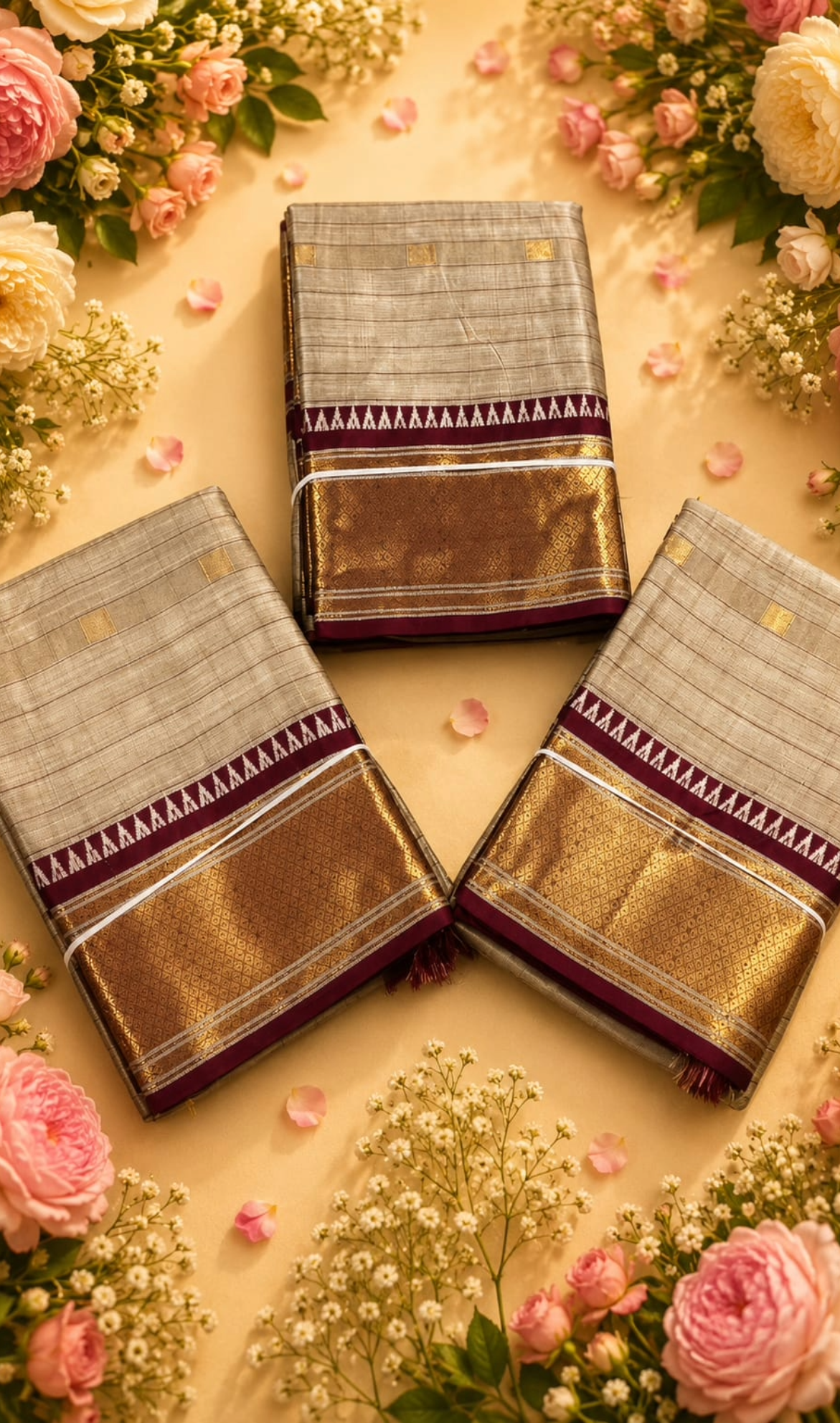 Grey & Maroon Semi Silk Saree with Golden Zari Border