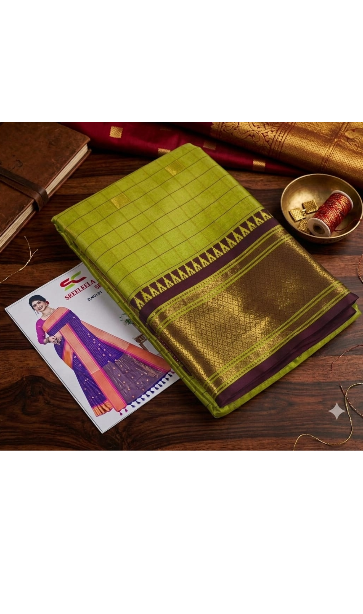 Lime Green & Dark Purple Semi Silk Saree with Golden Zari Border
