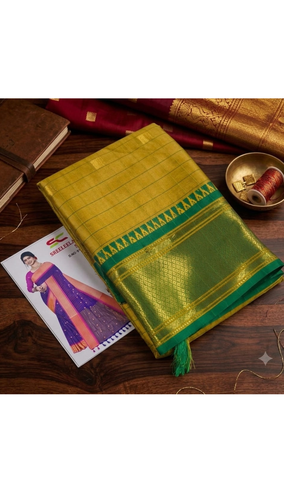 Mustard Yellow & Green Semi Silk Saree with Golden Zari Border