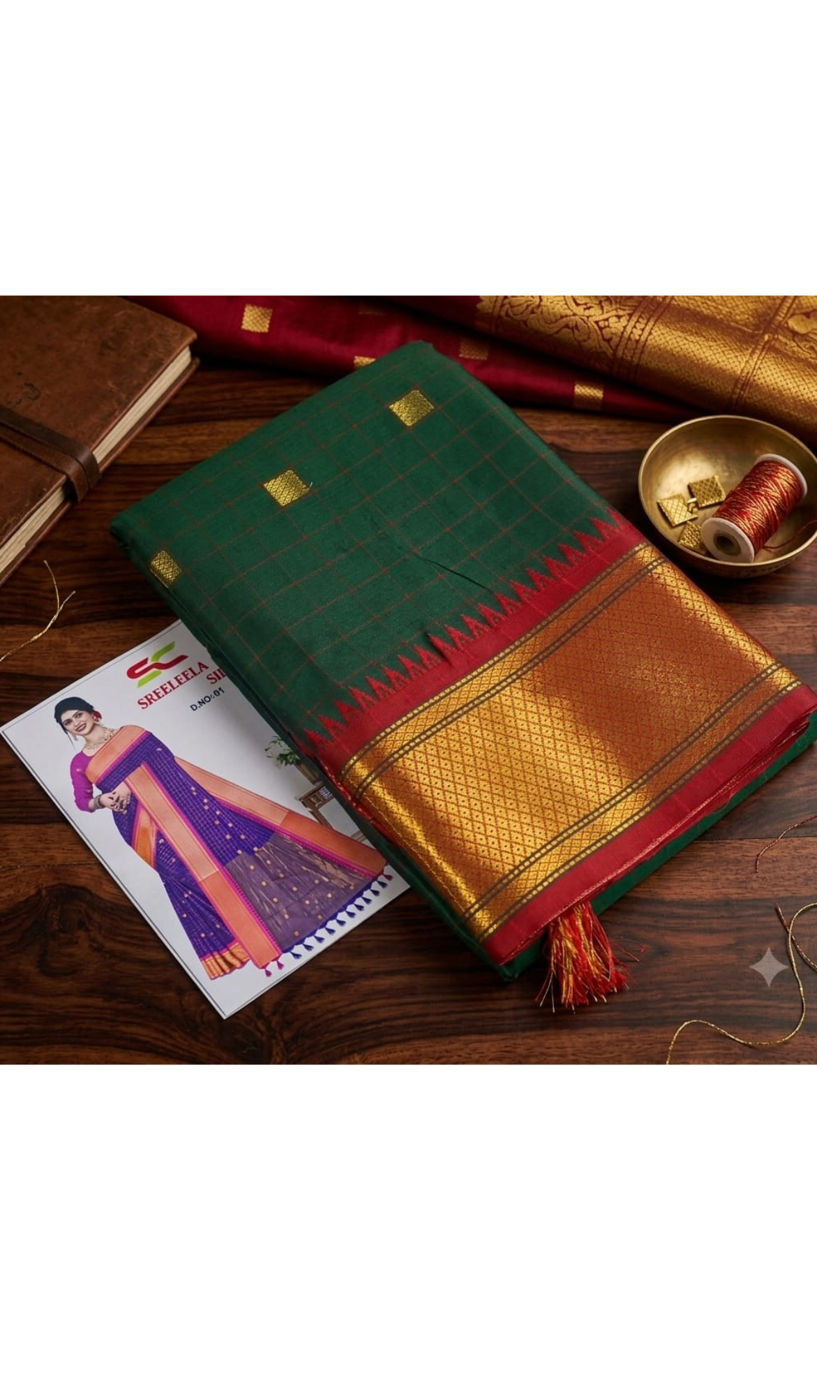 Dark Green & Red Semi Silk Saree with Golden Zari Border
