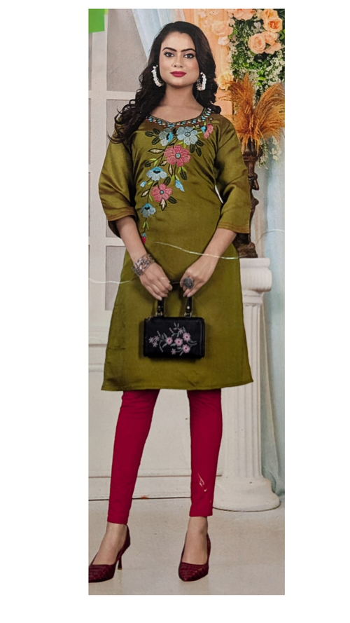 Olive Green Floral Embroidered Kurti