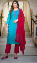 Sky Blue & Crimson Red 3-Piece Salwar Set with Banarasi Dupatta