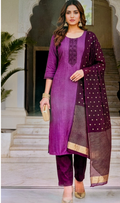 Violet & Plum Embroidered 3-Piece Set with Banarasi Dupatta