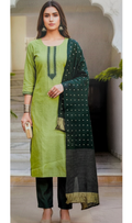 Lime Green & Forest Green Embroidered 3-Piece  Set with Banarasi Dupatta